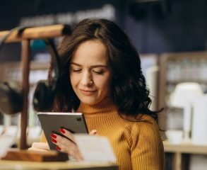 woman in an tech store chooses a tablet